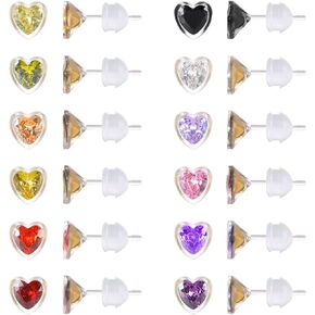 12 Pairs Plastic Earrings for Sensitive Ears, Plastic Post Stud Earrings, Star Heart Birthstone Cubic Zirconia CZ Stud Earrings for Women 3mm 4mm 5mm