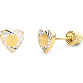 14k Two Tone Gold Heart Diamond Cut Stud Earrings with Screw Back