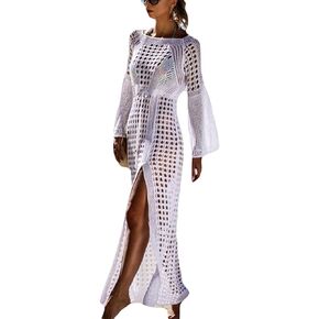 Women's Bikini Swimsuits Two Piece Crochet Fishnet Bra Top Maxi Skirt Cover Up Set Beach Outfits
