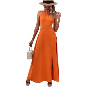 SweatyRocks Women's Sleeveless One Shoulder Tie Back Dress Cut Out A Line Split Maxi Dresses