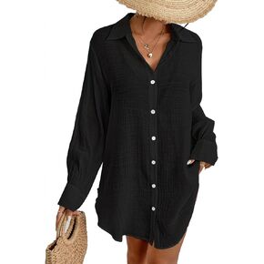 Eddoyee Women’s Button Down Shirts V-Neck Long Sleeve Bikini Bathing Suit Cover Up Plus Size Causal Blouse Beachwear