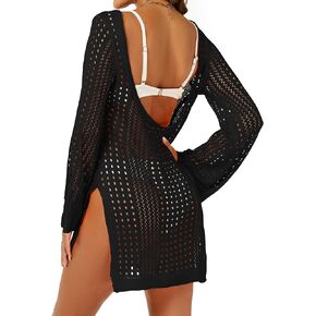 Women's Crochet Swimsuit Coverup Hollow Out Long Sleeve Bathing Suit Cover Up Side Split Knit Swimwear Beach Dress