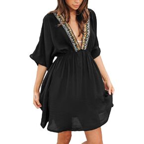 CUPSHE Women's Beach Cover Ups V Neck Swimwear Embroidered Bathing Suit Mini Dress Cover Up 2024