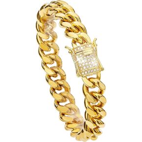 WinTrend Cuban Link Chain Necklace or Bracelet with Bling Bling Cubic Zirconia Iced-Out Clasp for Men Boys 8mm/10mm/12mm/14mm/18mm 18K Gold Stainless Steel Hip Hop Miami Curb Chains 8-30 inch