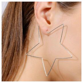Boho Large Star Hoop Earrings Silver Star Dangle Earrings Big Hollow Star Earrings Geometric Star Drop Earrings Jewelry for Women and Girls