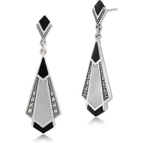 Gemondo USA 925 Sterling Silver Art Deco Black Onyx , Mother of Pearl & Marcasite Chandelier Drop Earrings, Metal Gemstone, Marcasite in Kuwait