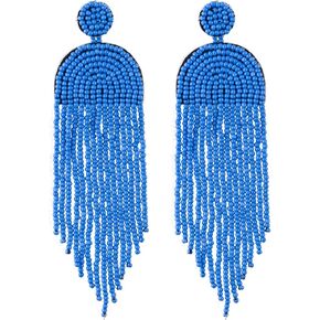 Luluping Long Beaded Tassel Earrings – Big Boho Native Handmade Bead Dangle Earrings for Women, Bohemian Large Statement Beaded Drop Fringe Earrings