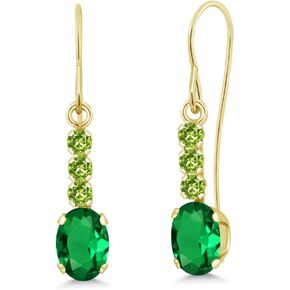 Gem Stone King 10K Yellow Gold Green Nano Emerald and Green Peridot Drop Dangle Earrings For Women (1.10 Cttw, Gemstone May Birthstone, Oval 6X4MM)