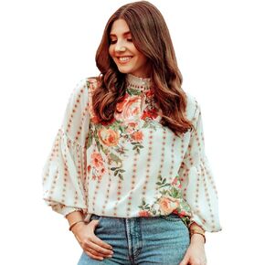 CHICWISH Women's Fancy in Gardens Rose Printed Floral Chiffon Top with Bubble Sleeve