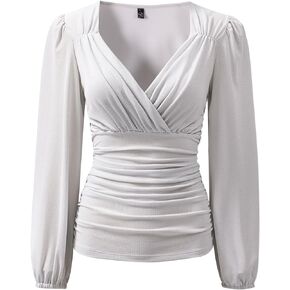 Women’s Blouse Long Sleeves V-Neck Shirt Elegant Ruched Solid Wrap Slim Fit Tops