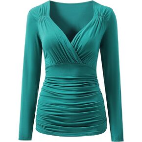 Women’s Blouse Long Sleeves V-Neck Shirt Elegant Ruched Solid Wrap Slim Fit Tops