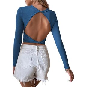 Sexy Backless Long Sleeve Crop Tops for Women Knit Ribbed Slim Fitted Shirts Round Neck Basic Tee Tops