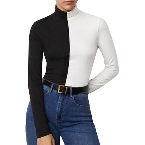 Verdusa Women's Colorblock Turtleneck Long Sleeve T Shirt Casual Tee Tops
