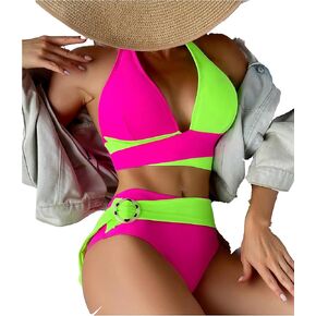 Floerns Women's Colorblock Ring Linked Tie Back Halter 2 Piece Bikini Swimsuit