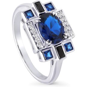 BERRICLE Sterling Silver Art Deco Simulated Blue Sapphire Cubic Zirconia CZ Fashion Ring for Women, Rhodium Plated Size 4-10