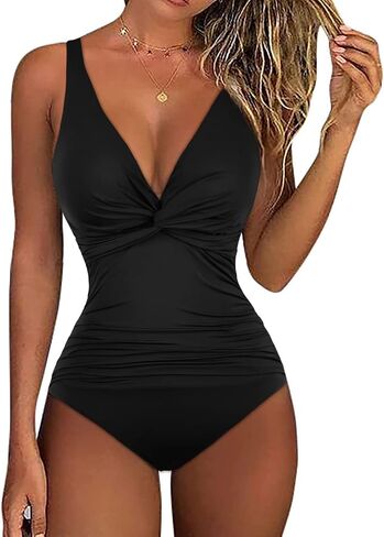 Hilor Women V Neck One Piece Swimsuit Tummy Control Shirred Swimwear Front Twist Bathing Suits in Saudi Arabia
