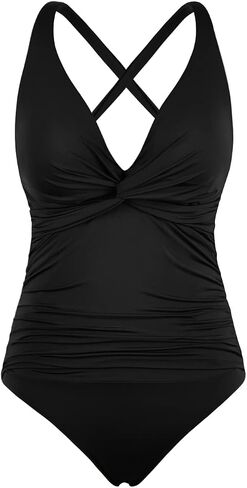 Hilor Women V Neck One Piece Swimsuit Tummy Control Shirred Swimwear Front Twist Bathing Suits in Saudi Arabia