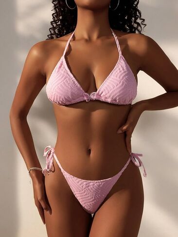 بيكيني للنساء مجموعات ملابس السباحة محكم Smocked الرسن الرقبة اللاسلكية مثلث ثوب السباحة 2 قطعة مجموعة in Kuwait