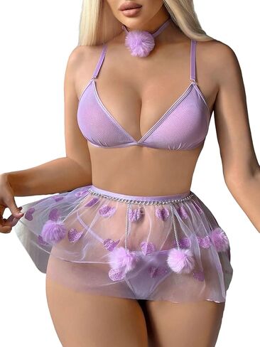 OYOANGLE Women's 5 Piece Appliques Mesh Spaghetti Strap Exotic Bralette Bra and Thong Babydoll Lingerie Set in Saudi Arabia