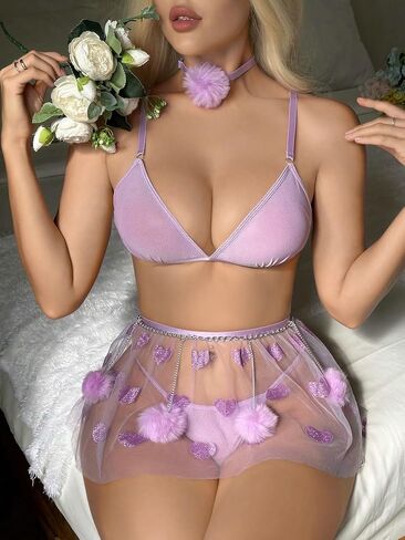 OYOANGLE Women's 5 Piece Appliques Mesh Spaghetti Strap Exotic Bralette Bra and Thong Babydoll Lingerie Set in Saudi Arabia