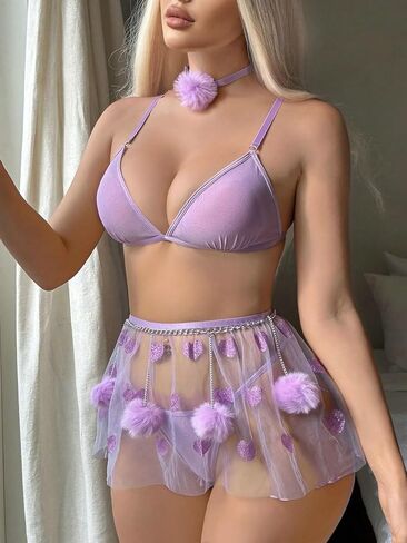 OYOANGLE Women's 5 Piece Appliques Mesh Spaghetti Strap Exotic Bralette Bra and Thong Babydoll Lingerie Set in Saudi Arabia