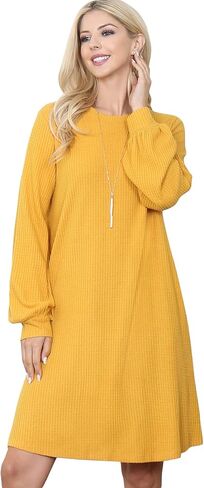 Comfy Pocket Shift Swing Jersey Dress - Loose Trepeze Midi Flare Tunic Quarter, Long Sleeve, Buffalo Plaid, Floral, Stripe in Kuwait