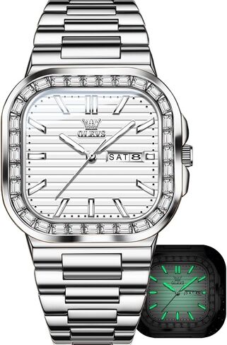 OLEVS Mens Tank Watch Minimalist Diamond Watch Fashion Dress Analog Quartz Mens Watches Rectangular Waterproof Stainless Steel Luminous with Date Watches for Men(Silver/Rose Gold) in Saudi Arabia