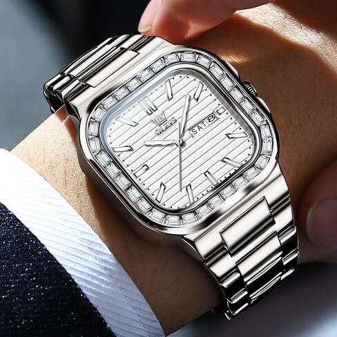 OLEVS Mens Tank Watch Minimalist Diamond Watch Fashion Dress Analog Quartz Mens Watches Rectangular Waterproof Stainless Steel Luminous with Date Watches for Men(Silver/Rose Gold) in Saudi Arabia