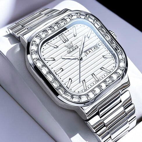 OLEVS Mens Tank Watch Minimalist Diamond Watch Fashion Dress Analog Quartz Mens Watches Rectangular Waterproof Stainless Steel Luminous with Date Watches for Men(Silver/Rose Gold) in Saudi Arabia
