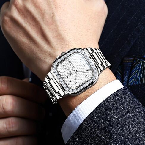 OLEVS Mens Tank Watch Minimalist Diamond Watch Fashion Dress Analog Quartz Mens Watches Rectangular Waterproof Stainless Steel Luminous with Date Watches for Men(Silver/Rose Gold) in Saudi Arabia
