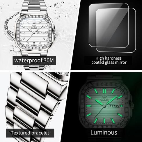 OLEVS Mens Tank Watch Minimalist Diamond Watch Fashion Dress Analog Quartz Mens Watches Rectangular Waterproof Stainless Steel Luminous with Date Watches for Men(Silver/Rose Gold) in Saudi Arabia