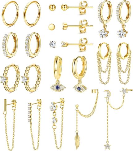 Subiceto 11 زوجًا من الأقراط المتدلية مجموعة أقراط عين الشر وأقراط النجوم وأقراط سلسلة ذهبية وأقراط دائرية صغيرة على شكل كرة CZ ترصيع للنساء المراهقات in Kuwait