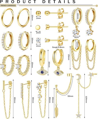 Subiceto 11 زوجًا من الأقراط المتدلية مجموعة أقراط عين الشر وأقراط النجوم وأقراط سلسلة ذهبية وأقراط دائرية صغيرة على شكل كرة CZ ترصيع للنساء المراهقات in Kuwait