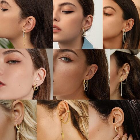 Subiceto 11 زوجًا من الأقراط المتدلية مجموعة أقراط عين الشر وأقراط النجوم وأقراط سلسلة ذهبية وأقراط دائرية صغيرة على شكل كرة CZ ترصيع للنساء المراهقات in Kuwait