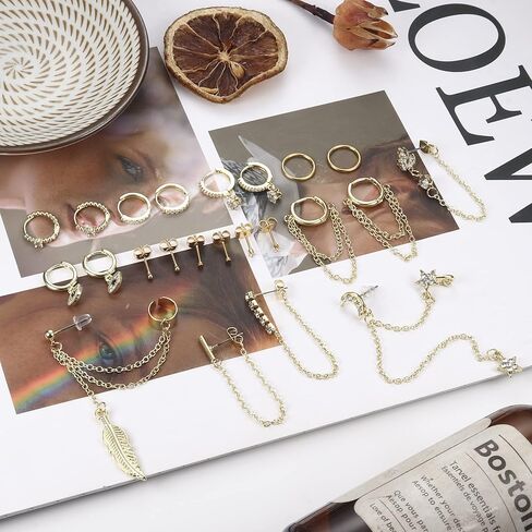 Subiceto 11 زوجًا من الأقراط المتدلية مجموعة أقراط عين الشر وأقراط النجوم وأقراط سلسلة ذهبية وأقراط دائرية صغيرة على شكل كرة CZ ترصيع للنساء المراهقات in Kuwait