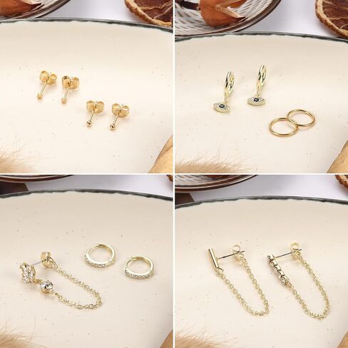 Subiceto 11 زوجًا من الأقراط المتدلية مجموعة أقراط عين الشر وأقراط النجوم وأقراط سلسلة ذهبية وأقراط دائرية صغيرة على شكل كرة CZ ترصيع للنساء المراهقات in Kuwait