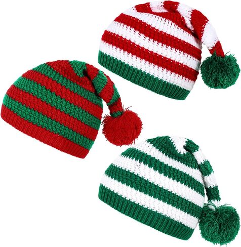Whaline 3 Pcs Christmas Knitted Beanies Red Green Striped Knitted Hat with Pom Soft Warm Xmas Winter Crochet Hats Santa Hat for Adult in Saudi Arabia