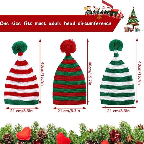Whaline 3 Pcs Christmas Knitted Beanies Red Green Striped Knitted Hat with Pom Soft Warm Xmas Winter Crochet Hats Santa Hat for Adult in Saudi Arabia