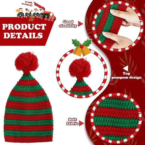 Whaline 3 Pcs Christmas Knitted Beanies Red Green Striped Knitted Hat with Pom Soft Warm Xmas Winter Crochet Hats Santa Hat for Adult in Saudi Arabia