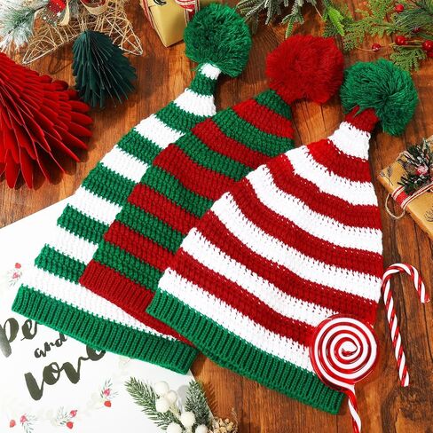 Whaline 3 Pcs Christmas Knitted Beanies Red Green Striped Knitted Hat with Pom Soft Warm Xmas Winter Crochet Hats Santa Hat for Adult in Saudi Arabia