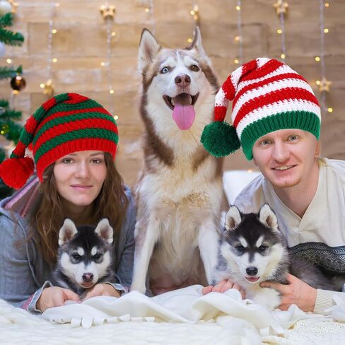 Whaline 3 Pcs Christmas Knitted Beanies Red Green Striped Knitted Hat with Pom Soft Warm Xmas Winter Crochet Hats Santa Hat for Adult in Saudi Arabia