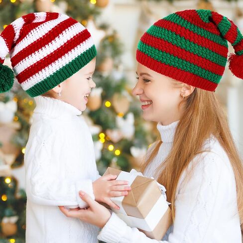 Whaline 3 Pcs Christmas Knitted Beanies Red Green Striped Knitted Hat with Pom Soft Warm Xmas Winter Crochet Hats Santa Hat for Adult in Saudi Arabia