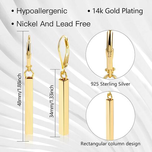 925 Sterling Silver French Style Leverback Earrings, 14K Gold Bar Dangle Drop Earrings for Women Girls Hypoallergenic Jewelry Gift in Saudi Arabia