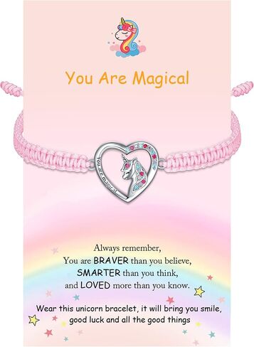 J.Endéar سوار يونيكورن للفتيات، أنت مجوهرات يونيكورن السحرية 925 الفضة الاسترليني مكعب زركونيا ملون مصنوع يدويًا سلسلة حبل هدايا قلب الحب للمراهقات in Kuwait