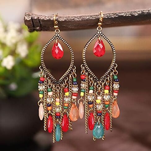 Bohemian Beaded Tassel Earrings for Women Girls Vintage Ethnic Colorful Beads Boho Dangle Drop Earrings in Saudi Arabia
