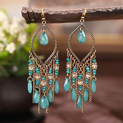 Bohemian Beaded Tassel Earrings for Women Girls Vintage Ethnic Colorful Beads Boho Dangle Drop Earrings in Saudi Arabia