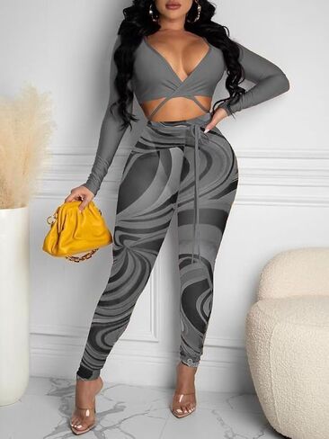 بدلة رياضية نسائية مثيرة مكونة من قطعتين من Acelyn، ملابس علوية قصيرة ذات خصر عالي، ملابس النادي، رمادي XL in Kuwait