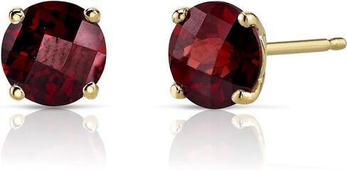 Peora 14K Yellow Gold Garnet Stud Earrings for Women, Genuine Gemstone Birthstone, Round Shape, 6mm, 2.25 Carats total, Friction Back in Saudi Arabia