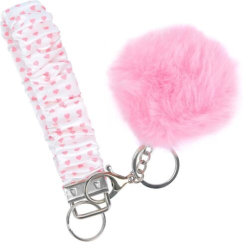 elephtree Wristlet Keychain Cute Wrist Key Chain Elastic Scrunchie Bracelet with Faux Rabbit Fur Ball Pom Pom for Women in Saudi Arabia