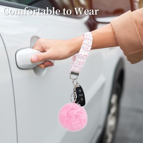 elephtree Wristlet Keychain Cute Wrist Key Chain Elastic Scrunchie Bracelet with Faux Rabbit Fur Ball Pom Pom for Women in Saudi Arabia